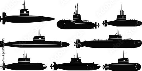 Military submarine silhouettes vector collection, underwater navy vessel icons, black maritime warship graphic elements, isolated ocean stealth boat design, naval marine technology,