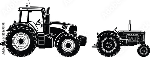 Black Silhouette Vector Set of Modern and Vintage Tractors or Agricultural Farm Vehicles from the Side View, Representing Farming and Heavy Machinery.
