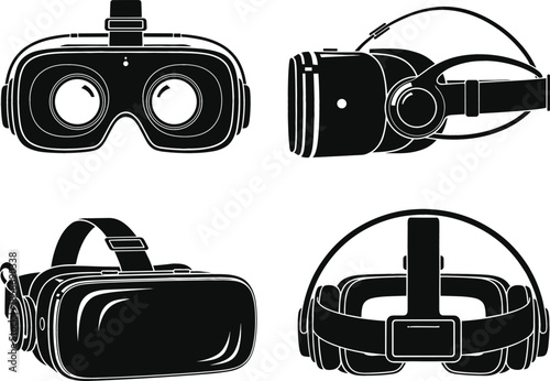 Black Silhouette Vector Set of Virtual Reality (VR) Headsets or Glasses, Shown in Front, Side, and Rear View, Ideal for Technology, Gaming, Augmented Reality, and Future Themes.