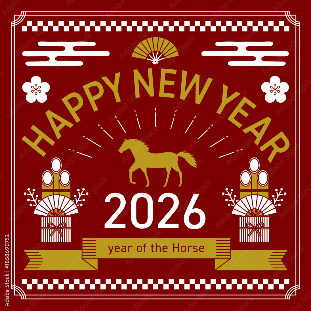 Fototapeta premium 2026年の午年をイメージした正方形の線画の年賀状_赤 