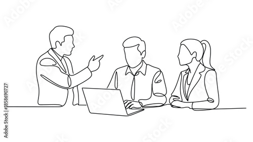 Continuous one line business meeting illustration with colleagues discussing ideas around laptop for teamwork, collaboration and corporate communication concept