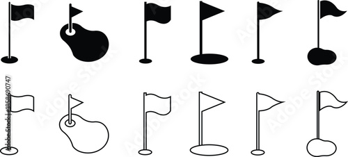 Golf Flag Flat Line Style Vector Icon Set, Course Marker Symbol Collection and Sports Outline Graphic Group Featuring Hole Flag, Pin Elements in Minimal Design