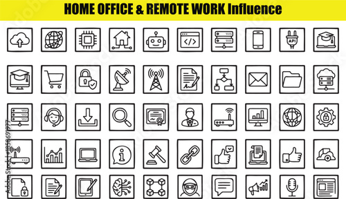 Comprehensive Set of Icons for Remote Work and Business Operations cloud upload globe