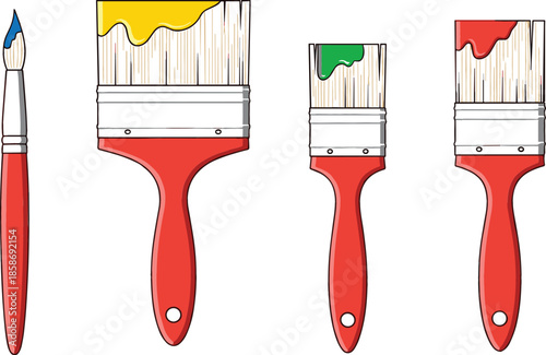 Colorful Vector Set of Paint Brushes and Applicators, Including an Art Brush and Flat Home Improvement Brushes with Paint Drips, Ideal for Art, Decorating, and Renovation.