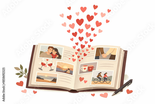 Valentine photo album with memories and hearts illustration
