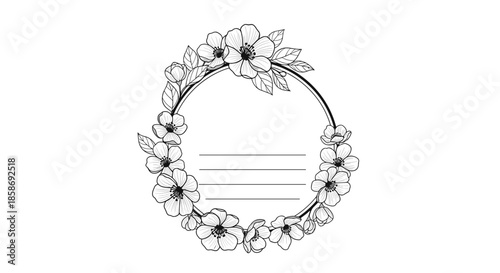 Elegant hand drawn floral wreath frame in black and white line art with blank lines for personalized text.