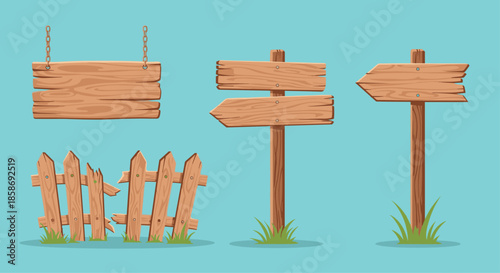 Collection of rustic wooden elements including various directional signs and a broken garden fence on a blue background.