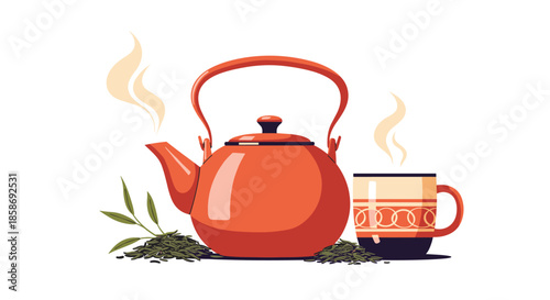 Traditional red ceramic teapot and matching cup of hot steaming tea surrounded by scattered loose green tea leaves.