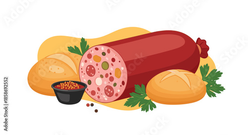Appetizing platter of sliced salami sausage alongside fresh bread rolls and a small bowl of mustard or spicy sauce.