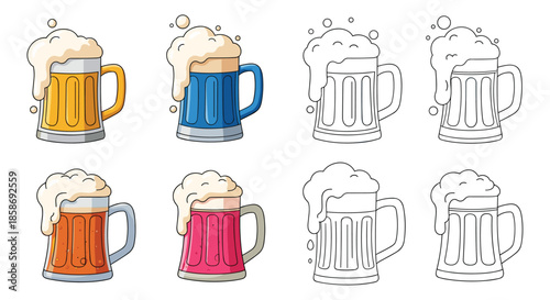 Variety of beer mugs with overflowing foam shown in several different colors and line art versions.