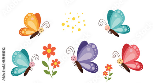 Collection of cute cartoon butterflies in various colors like orange, blue, and purple flying around small orange and red flowers.