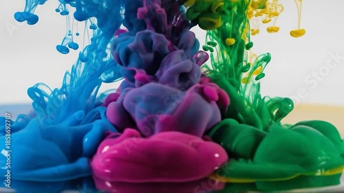 Colorful ink plumes forming abstract shapes in water, vibrant hues and textures on display