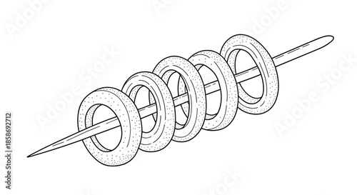 Black and white sketch of several tasty onion rings threaded onto a long thin wooden skewer for appetizer food themes.
