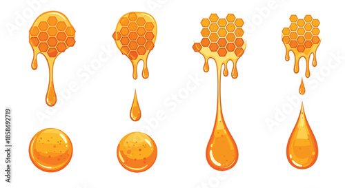 Selection of honeycomb pieces with golden honey dripping down and forming large droplets for sweet food illustrations.