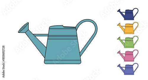 Large blue watering can for gardening tasks with a set of smaller colorful icons on the side for plant care design.