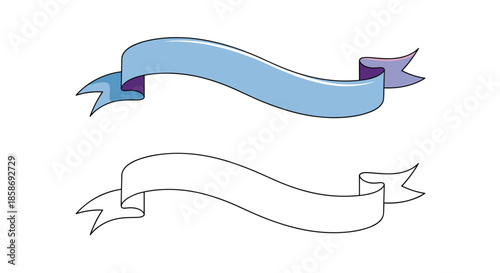 Gently curved blue ribbon banner with a soft shadow effect next to its simple black and white outline for award labels.