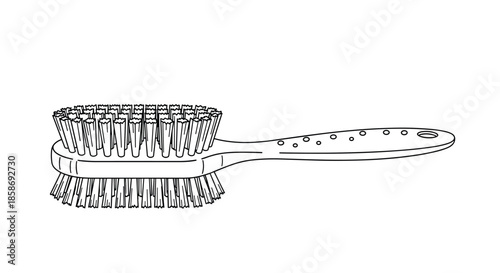 Hand-drawn black and white sketch of a handheld scrubbing brush with long bristles and a handle for cleaning themes.