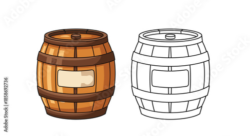 Traditional wooden barrel with metal bands and a blank label in both color and black and white line art versions.