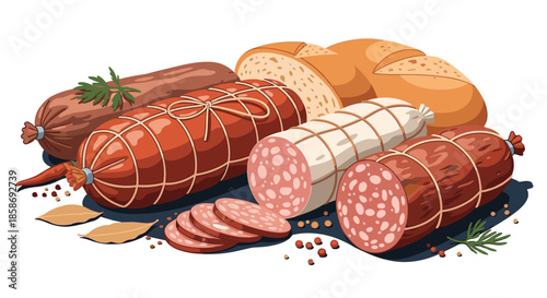 Assorted salami sausages and sliced pieces arranged with loaves of bread and dried spices on a dark kitchen surface.