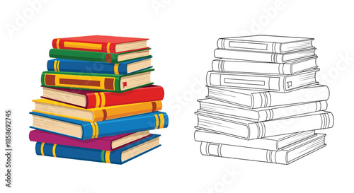 Varied pile of colorful hardcover books with different thicknesses alongside a black and white line drawing version for versatile use.