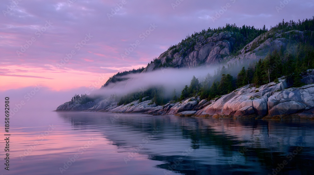 Obraz premium Misty Mountain Coastline at Sunrise with Purple Hues.