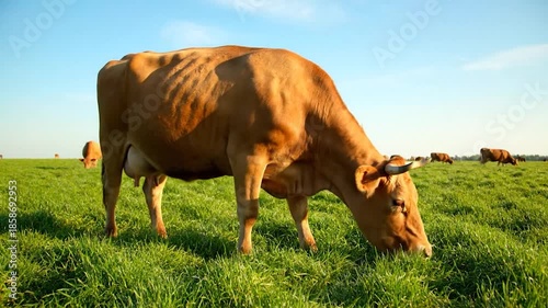 A low angle view of a cow eating grass in a sunlit field, with other cows grazing in the background