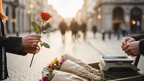 A florist's hands exchanging a red rose for payment, the scene taking place on a sunny city street