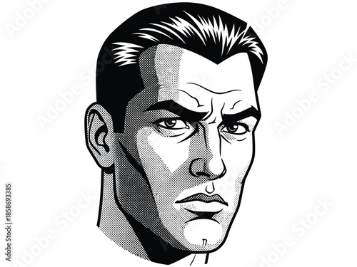 A Stark Black and White Comic Book Style Portrait of a Determined Man with Intense Eyes and Grim Expression, Rendered with Bold Lines and Shading