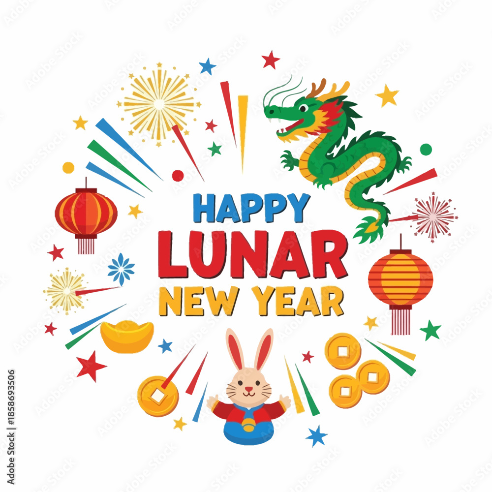 Fototapeta premium Colorful Festive Lunar New Year Celebration Illustration with Dragon, Rabbit, Lanterns, Fireworks, and Traditional Prosperity Symbols
