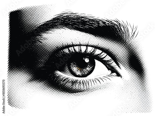 A Close-Up Black and White Halftone Illustration of a Human Eye, Focusing on Detail and Expressiveness