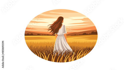 Young woman in a flowing white dress stands peacefully in a vast golden field, looking out towards the beautiful sunset, embodying tranquility and freedom in nature.