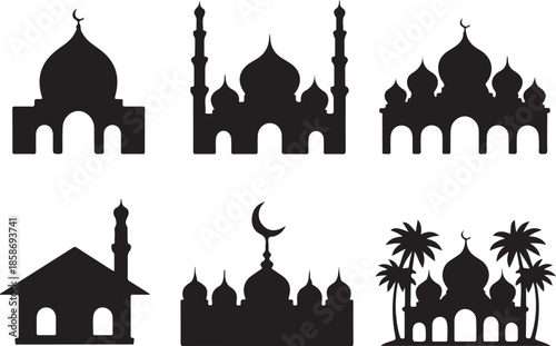 Six detailed black mosque silhouettes featuring different dome and minaret structures and palm trees background elements