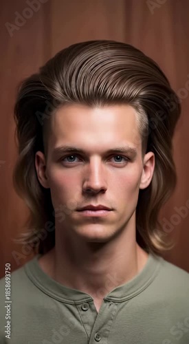 Portrait of a young man with medium-length hair against a wooden background capturing a serious expression