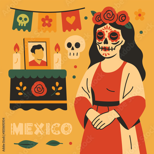 Day of the Dead Woman with Sugar Skull Makeup and Traditional Altar Illustration