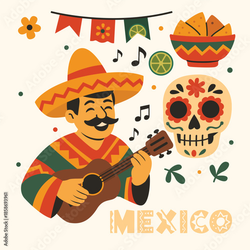 Day of the Dead Mexican Characters with Sugar Skulls and Festive Elements Illustration