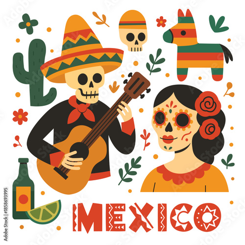 Day of the Dead Mexican Characters with Sugar Skulls and Festive Elements Illustration