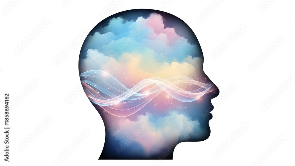 Obraz premium A vibrant cloudscape inside a human head silhouette symbolizing creativity and thought