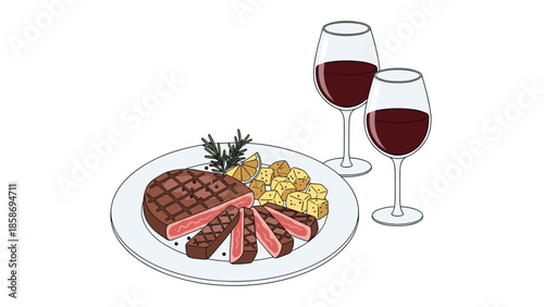 Deliciously sliced steak and roasted potatoes, garnished with rosemary and lemon, served with two elegant glasses of red wine.