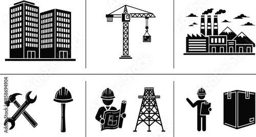 Construction and industrial icon set featuring buildings, tower crane, factory, workers, tools, and equipment, black silhouette symbols for engineering design