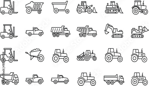 Construction machinery outline icon set with trucks, excavators, tractors, and forklifts, minimal editable stroke symbols for engineering and building projects
