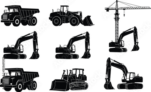 Construction machinery silhouette collection featuring excavators, bulldozers, wheel loaders, dump trucks, and tower crane for industrial engineering design