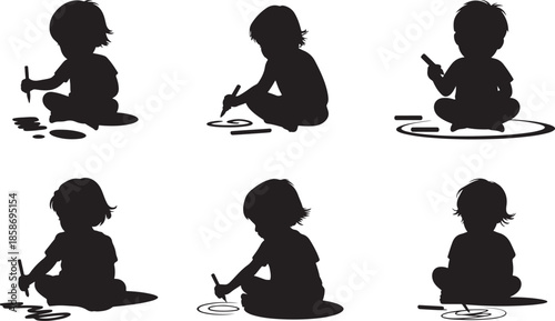 Kids Drawing Silhouette Vector Set, kindergarten activity, learning child, drawing kid.