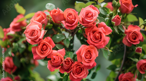 Vibrant coral roses in full bloom with lush green leaves