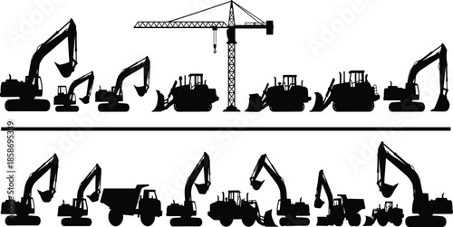 Construction machinery silhouette set featuring excavators, bulldozers, dump trucks, and tower crane, heavy equipment icons for industrial projects