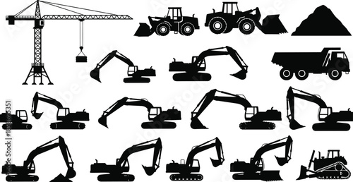 Construction machinery silhouette icon set with excavators, loaders, bulldozers, dump trucks, and tower crane for industrial engineering design projects