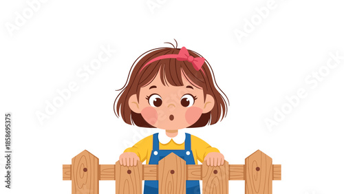Adorable little girl with wide eyes and a surprised expression peeks curiously over a wooden fence, embodying innocence and wonder.