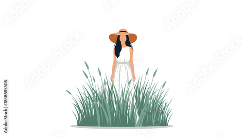 Elegant woman in a white dress and a wide-brimmed straw hat stands serenely amidst tall green grass, looking towards the horizon.