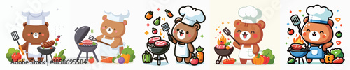cute bear vector is grilling meat