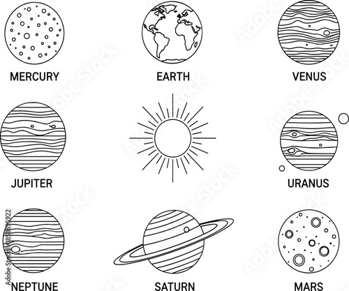 Hand drawn solar system planet icons with Sun and labeled planets, minimal line art astronomy illustration for education and design use