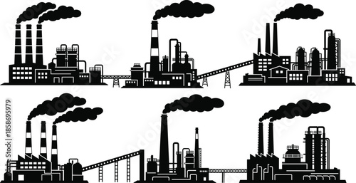 Industrial factory silhouette set with smokestacks, power plants, and manufacturing buildings, urban industry skyline icons for energy and production concepts